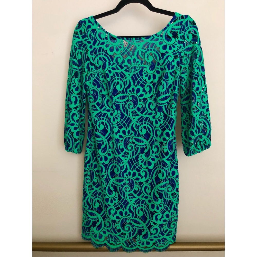 Lilly Pulitzer Dress Green Blue Size 2 Eyelash Fringe Long 1/2 Sleeve
